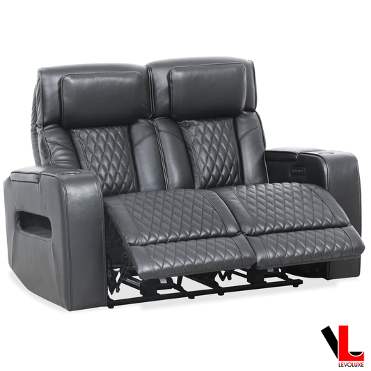 Levoluxe Loveseat Colton 58" Power Reclining 2 Seater Loveseat with Power Headrest, Cupholders and Storage in Black Leather Match