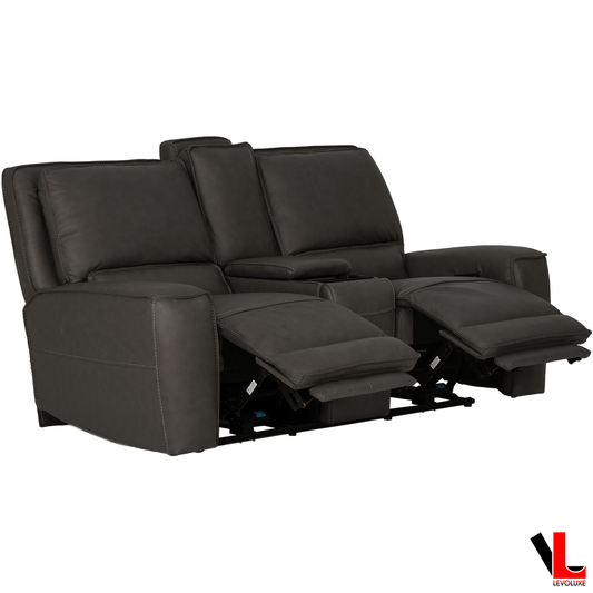 Levoluxe Loveseat Odessa 81" Power Reclining 2 Seater Loveseat with Storage Console and Power Headrests in Tex Grey Leather Match