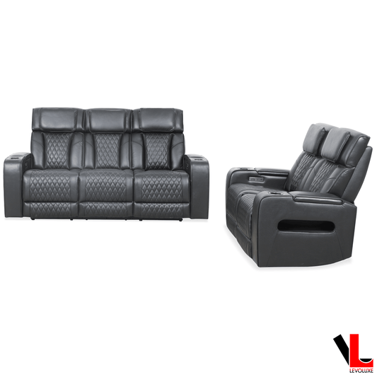 Levoluxe Colton 2 Piece Power Reclining Sofa and Loveseat Set with Power Headrest, Cupholders and Storage in Black Leather Match, image 2