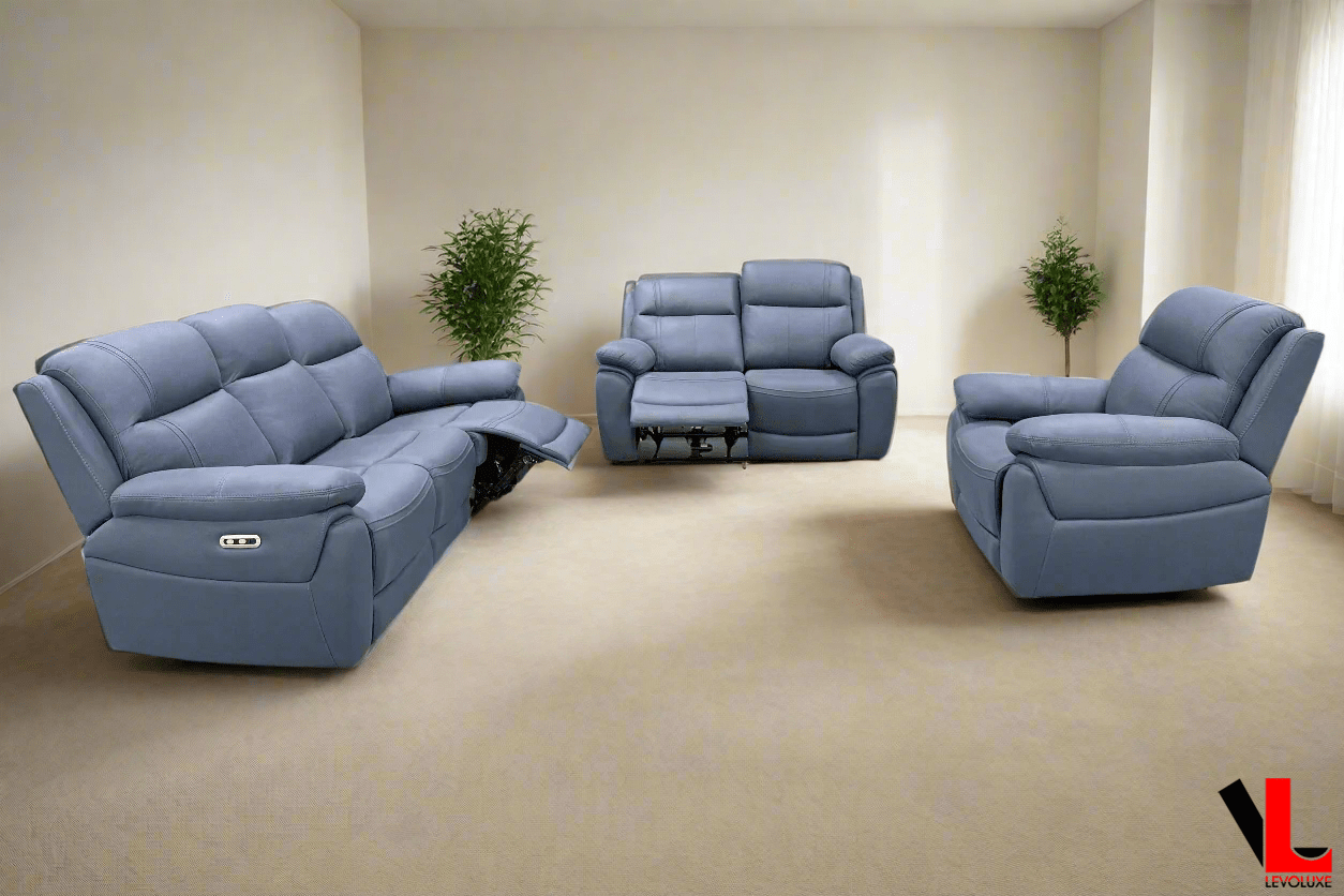 Levoluxe Sofa Set Regent 3 Piece Power Reclining Sofa, Loveseat and Chair with Power Headrests in Jaxxon Blue