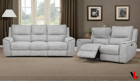 Sentinel 2 Piece Power Reclining Sofa and Loveseat Set with Power Headrest in Tweed Ash Fabric