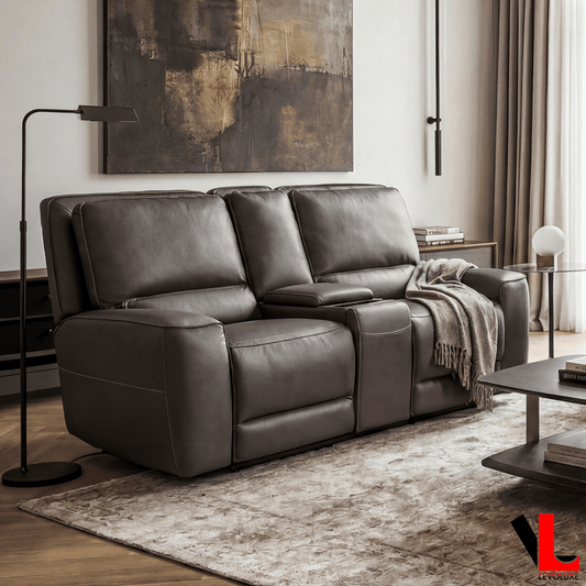 Levoluxe Loveseat Odessa 81" Power Reclining 2 Seater Loveseat with Storage Console and Power Headrests in Tex Grey Leather Match