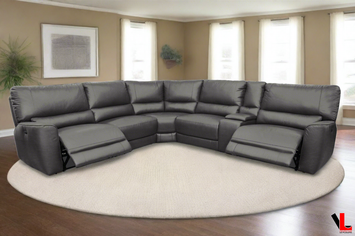 Atlas Corner Sectional Sofa with Console and Power Recliners in Ryder Grey Leather Match