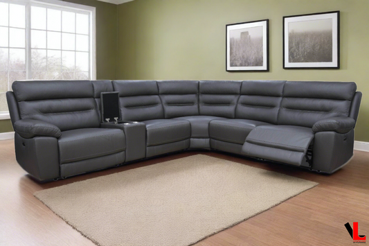 Aura Corner Sectional Sofa with Console and Power Recliners in Charcoal Faux Leather
