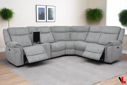Braun Corner Sectional Sofa with Console, Power Recliners, and Power Headrests in Tweed Ash Fabric