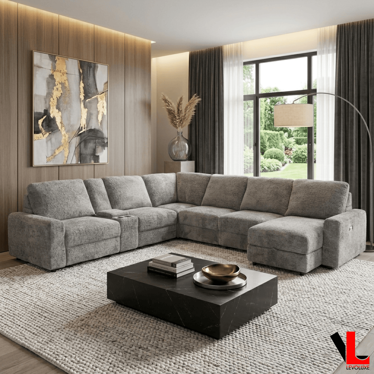 Levoluxe Infinity 150" Wide Large Modular L Shaped Sectional Sofa with Power Sliders and Storage in Soho Dark Grey, image 1