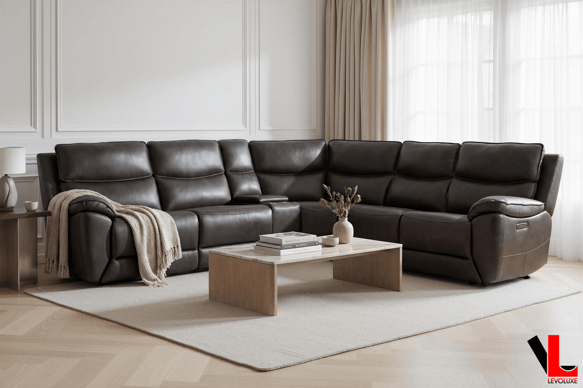 Levoluxe Sectional Knox 129" Wide Power Reclining Corner Sectional Sofa with Power Headrests and Storage Console in Espresso Leather Match