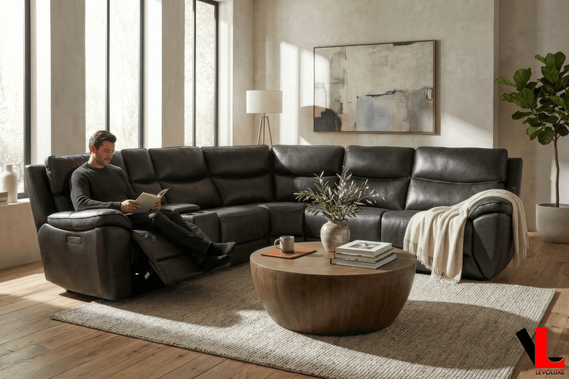 Levoluxe Sectional Knox 129" Wide Power Reclining Corner Sectional Sofa with Power Headrests and Storage Console in Espresso Leather Match