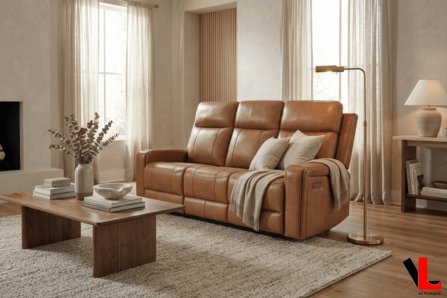 Levoluxe Sofa Cavron 78" Power Reclining 3 Seater Sofa with Power Headrests in Cognac Leather Match