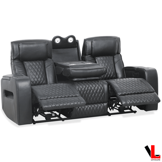 Levoluxe Sofa Colton 78" Power Reclining 3 Seater Sofa with 2 Power Headrests, Cupholders, Storage and Drop Down Tray in Black Leather Match