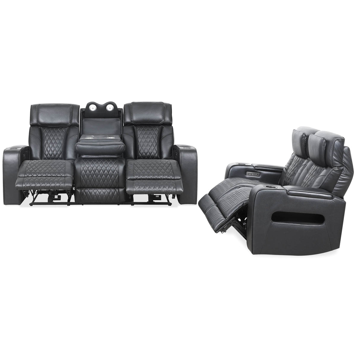 Levoluxe Sofa Set Black Colton 2 Piece Power Reclining Sofa and Loveseat Set with Power Headrest, Cupholders and Storage in Leather Match