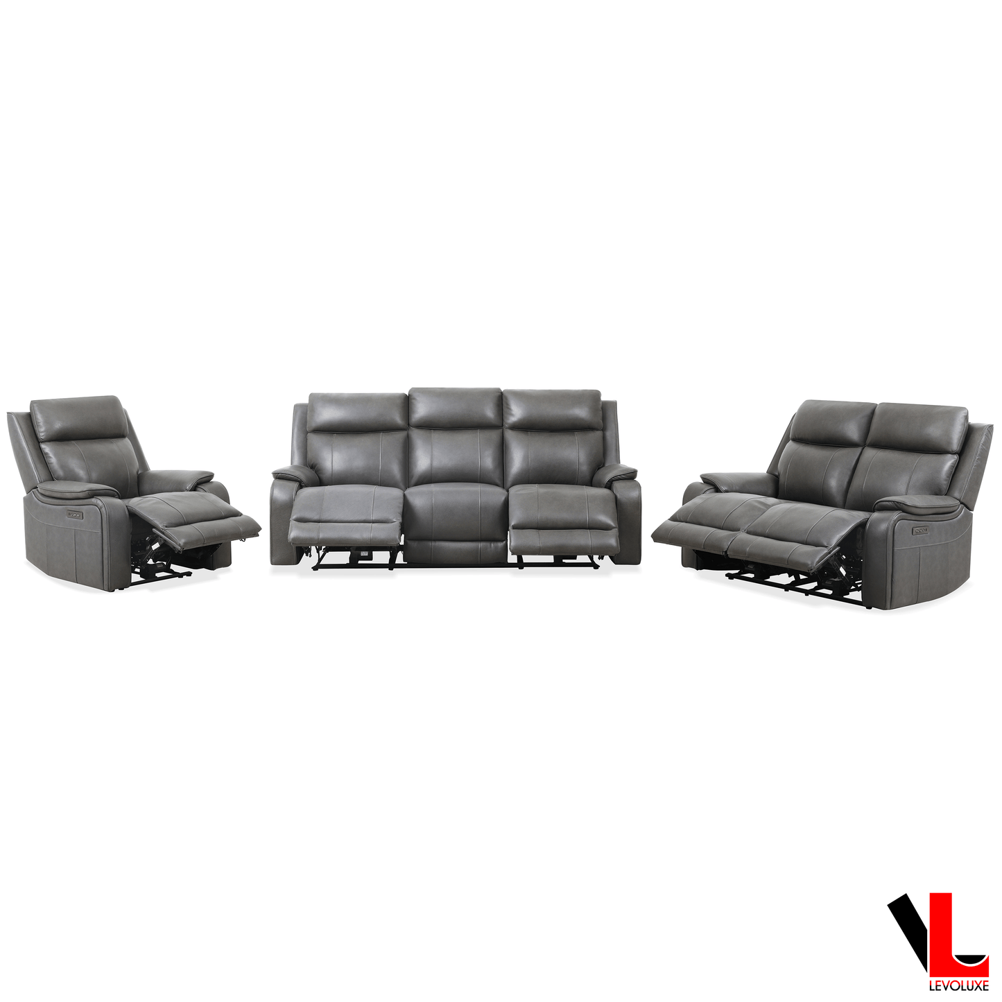 Levoluxe Sofa Set Brindle 3 Piece Power Reclining Sofa, Loveseat and Chair Set in Charcoal Leather Match