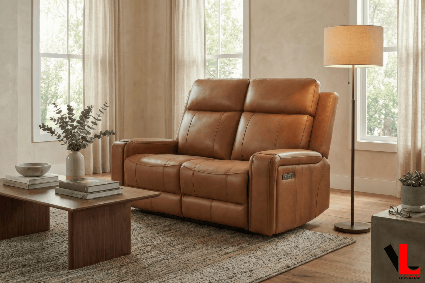 Levoluxe Sofa Set Cavron 2 Piece Power Reclining Sofa and Loveseat Set with Power Headrests in Cognac Leather Match