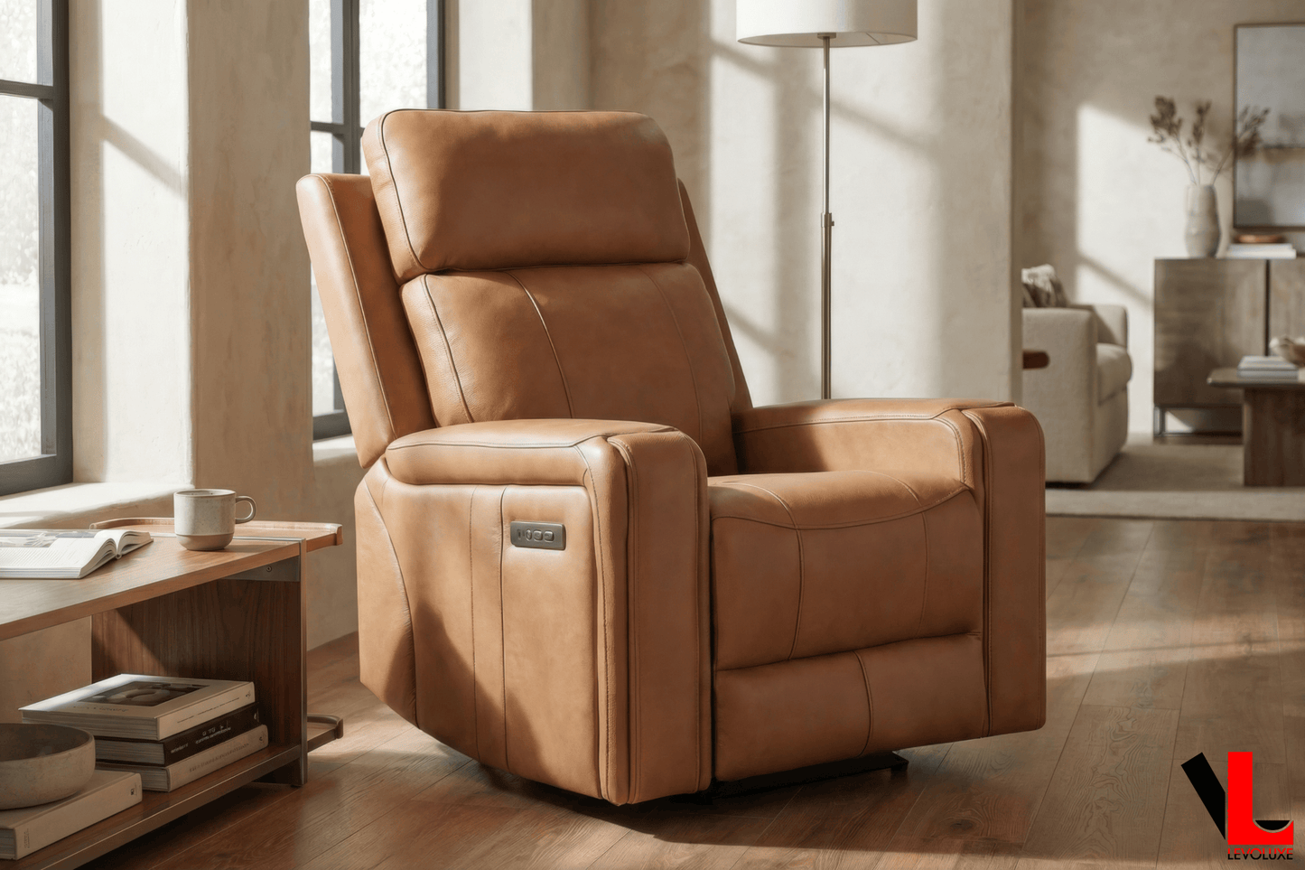 Levoluxe Sofa Set Cavron 3 Piece Power Reclining Sofa,  Loveseat and Chair Set with Power Headrests in Cognac Leather Match