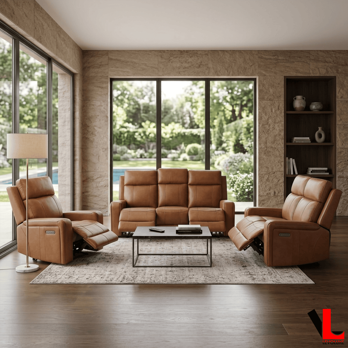 Levoluxe Sofa Set Cavron 3 Piece Power Reclining Sofa,  Loveseat and Chair Set with Power Headrests in Cognac Leather Match