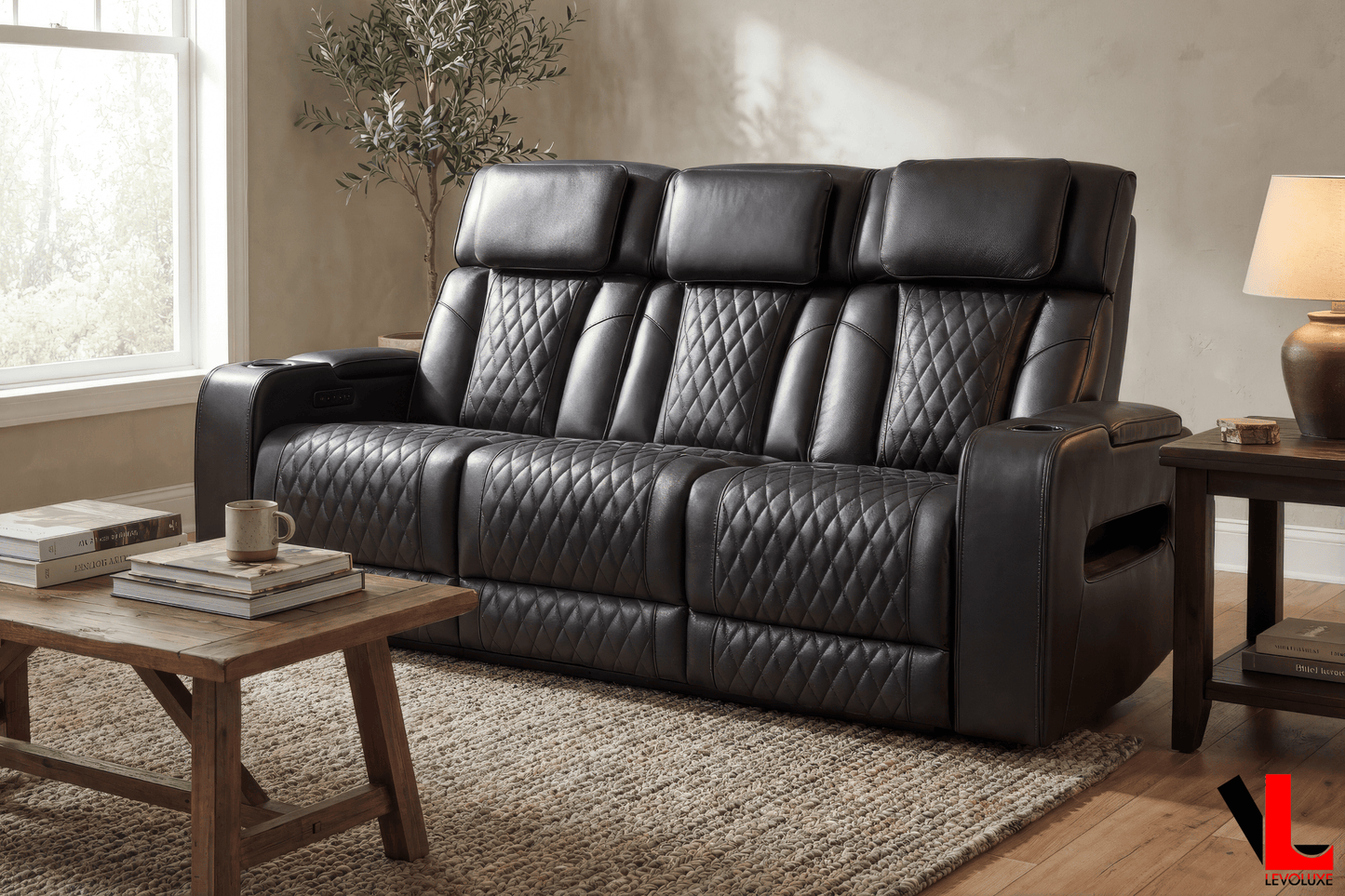 Levoluxe Colton 3 Piece Power Reclining Sofa, Loveseat and Chair Set with Power Headrest, Cupholders and Storage in Black Leather Match, image 3