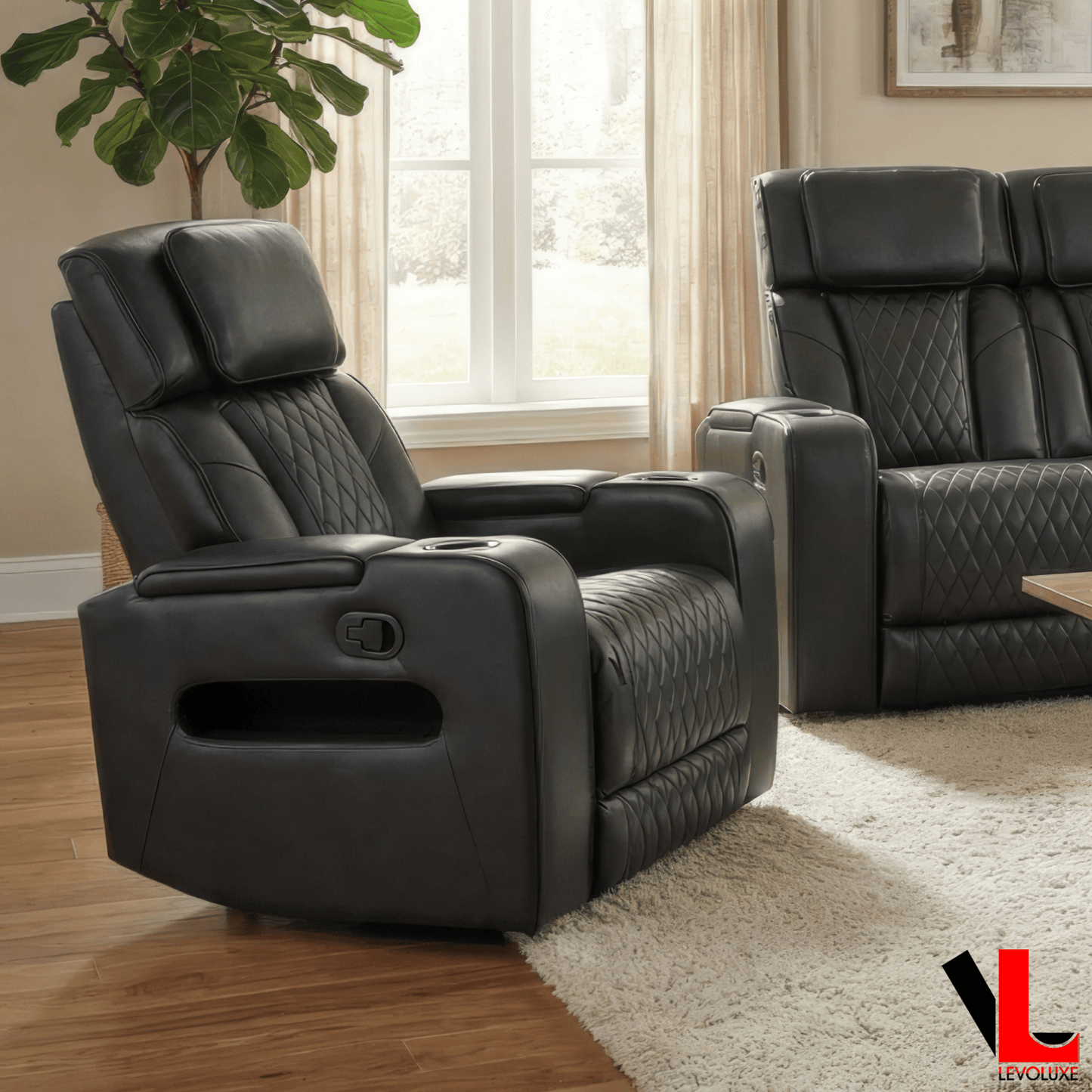 Levoluxe Sofa Set Colton 3 Piece Power Reclining Sofa, Loveseat and Chair Set with Power Headrest, Cupholders and Storage in Black Leather Match