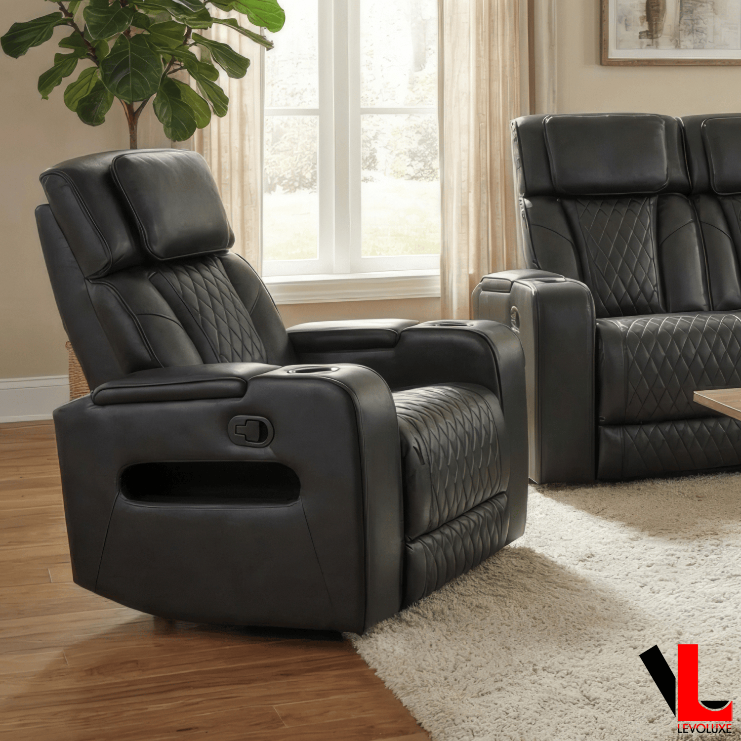 Levoluxe Sofa Set Colton 3 Piece Power Reclining Sofa, Loveseat and Chair Set with Power Headrest, Cupholders and Storage in Black Leather Match