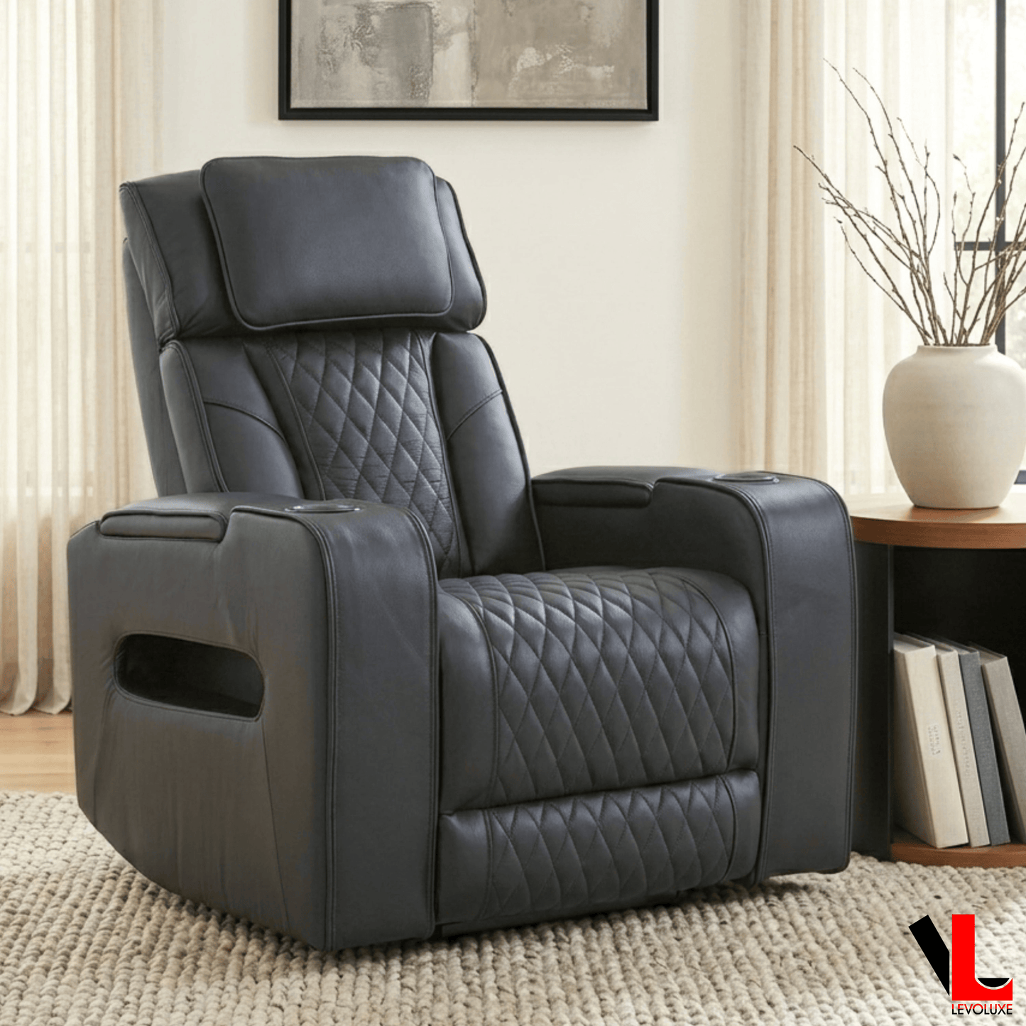 Levoluxe Colton 3 Piece Power Reclining Sofa, Loveseat and Chair Set with Power Headrest, Cupholders and Storage in Black Leather Match, image 14