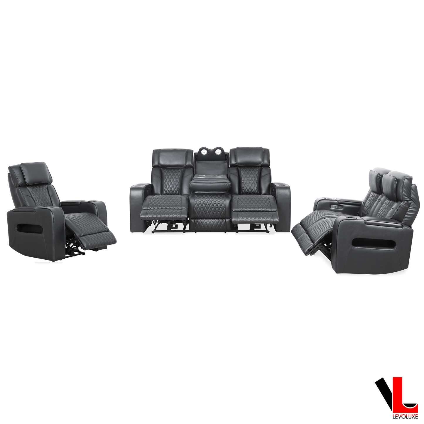 Levoluxe Colton 3 Piece Power Reclining Sofa, Loveseat and Chair Set with Power Headrest, Cupholders and Storage in Black Leather Match, image 1