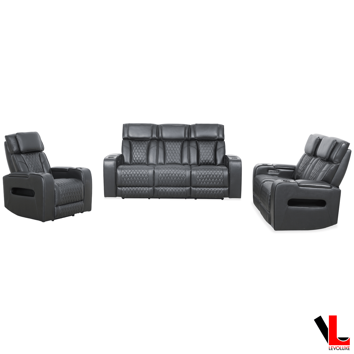 Levoluxe Colton 3 Piece Power Reclining Sofa, Loveseat and Chair Set with Power Headrest, Cupholders and Storage in Black Leather Match, image 2