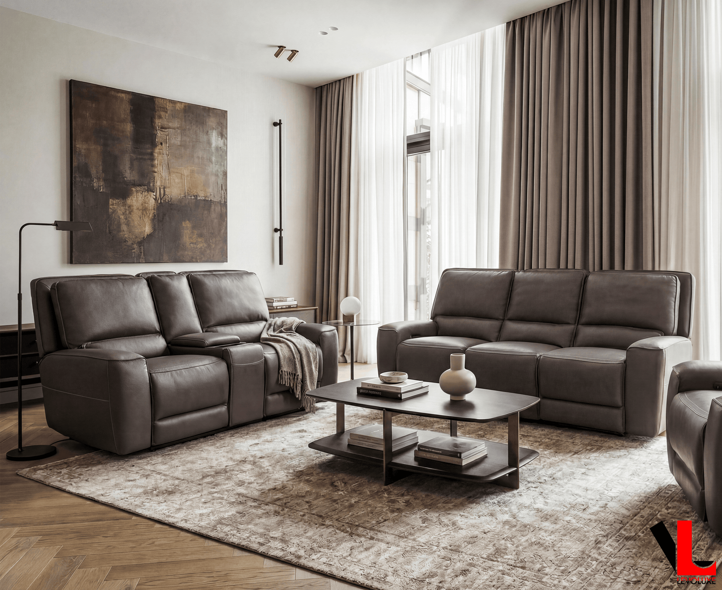 Levoluxe Sofa Set Odessa 2 Piece Power Reclining Sofa and Loveseat Set in Tex Grey Leather Match