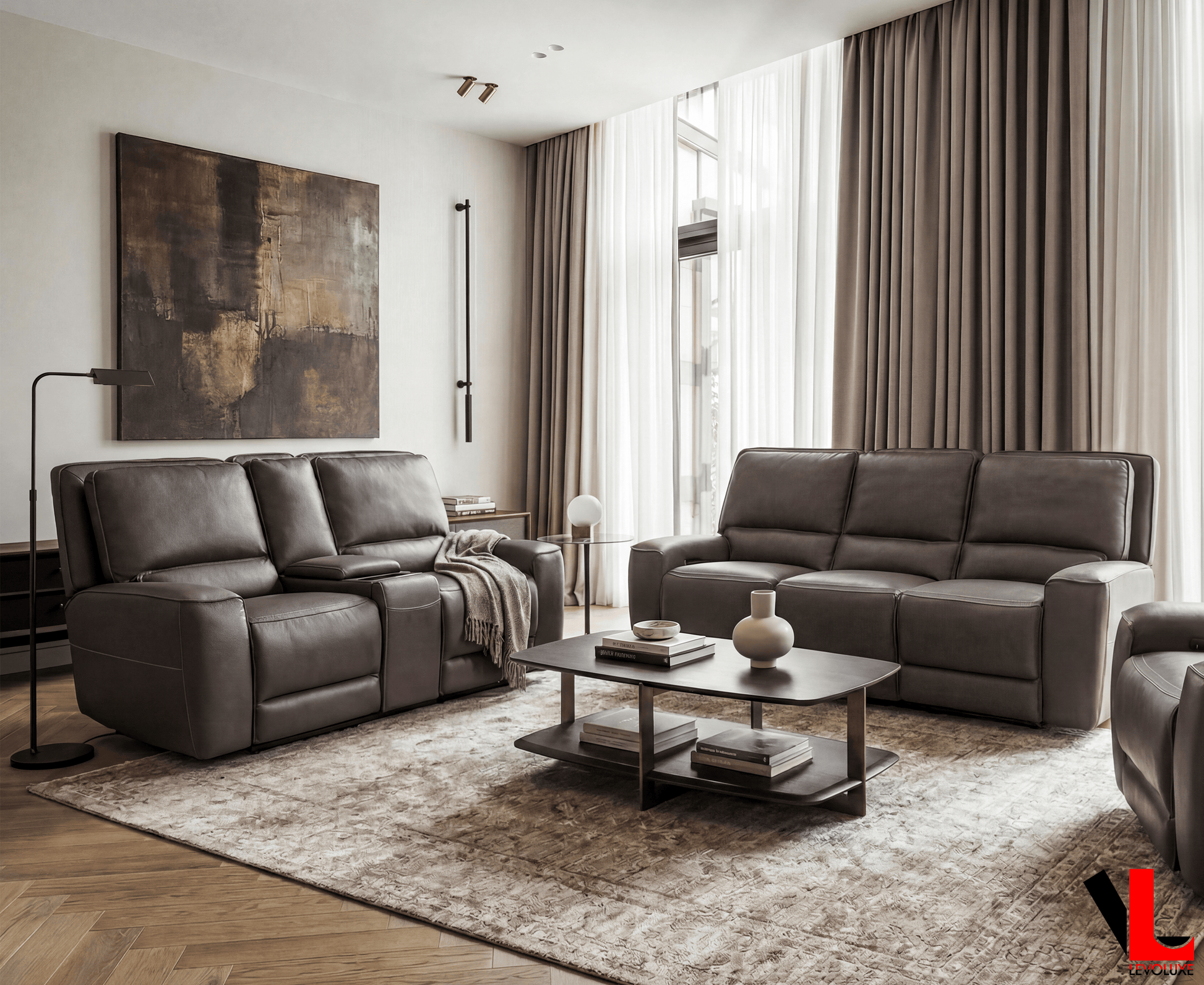 Levoluxe Sofa Set Odessa 2 Piece Power Reclining Sofa and Loveseat Set in Tex Grey Leather Match