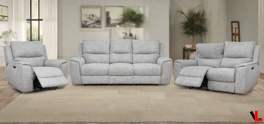 Sentinel 3 Piece Power Reclining Sofa, Loveseat and Chair Set with Power Headrest in Tweed Ash Fabric