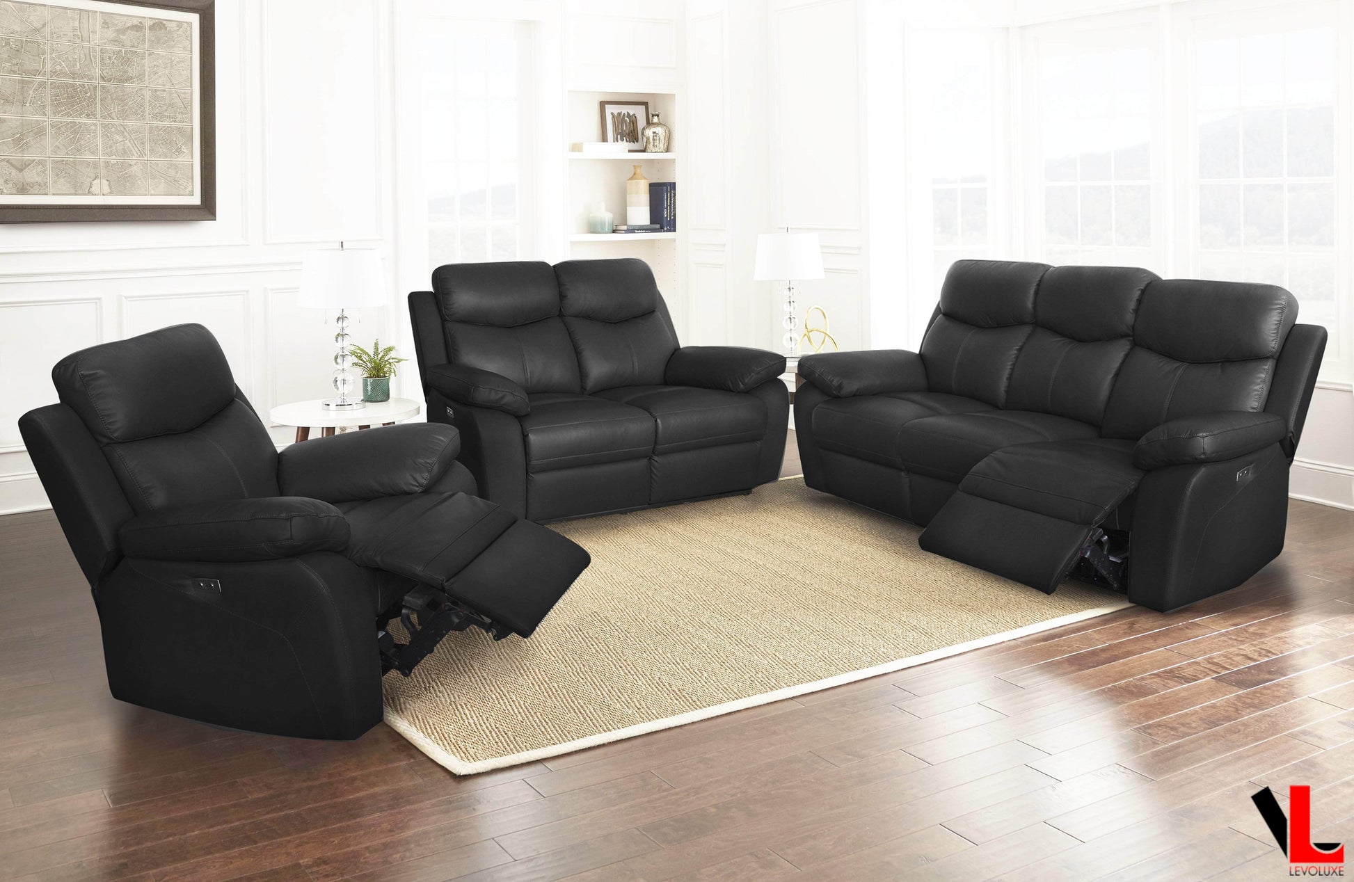 Pending - Levoluxe Black Aveon 3 Piece Pillow Top Arm Reclining Sofa, Loveseat and Chair Set in Leather Match - Available in 2 Colours