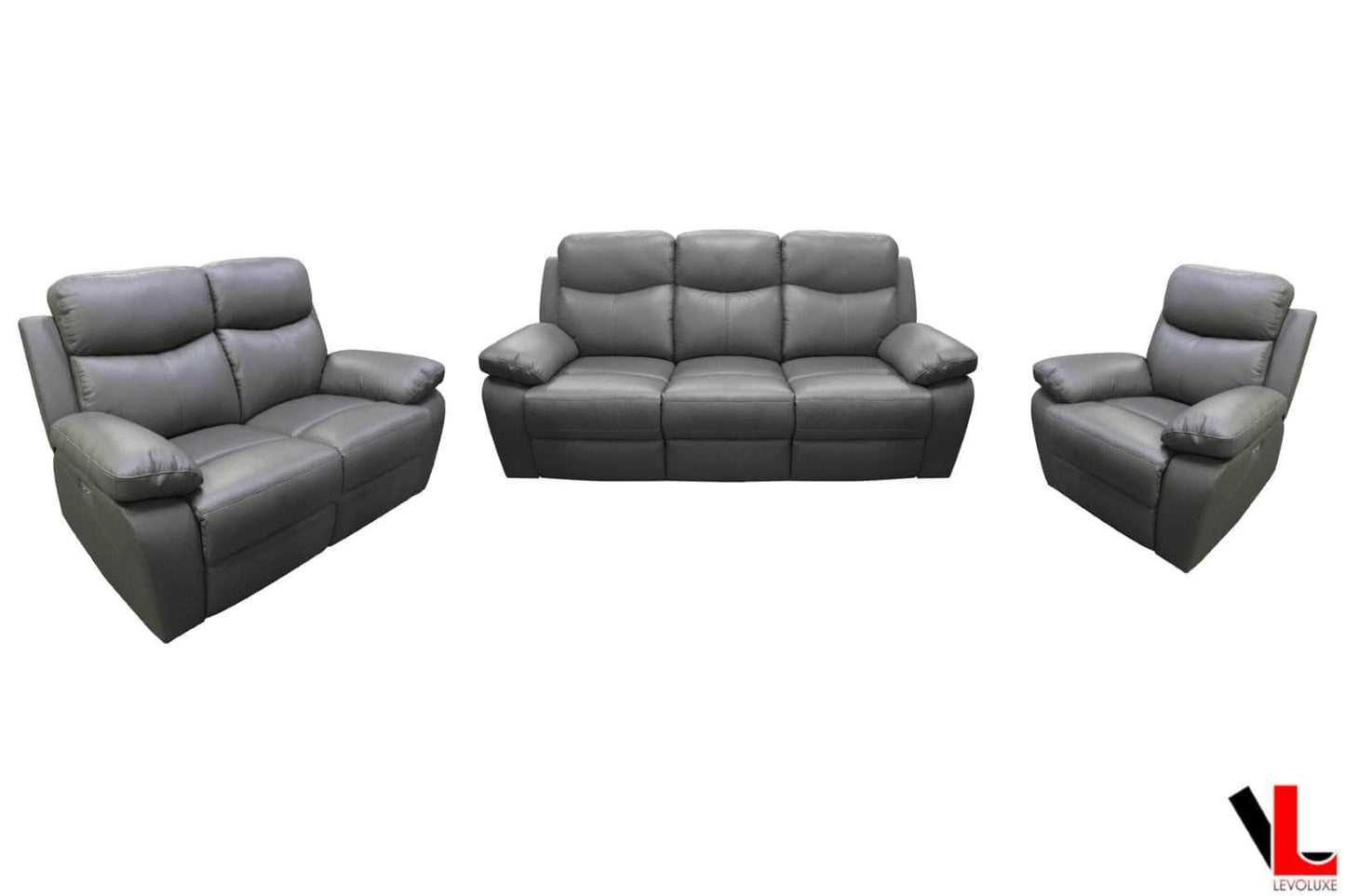 Pending - Levoluxe Grey Aveon 3 Piece Pillow Top Arm Reclining Sofa, Loveseat and Chair Set in Leather Match - Available in 2 Colours